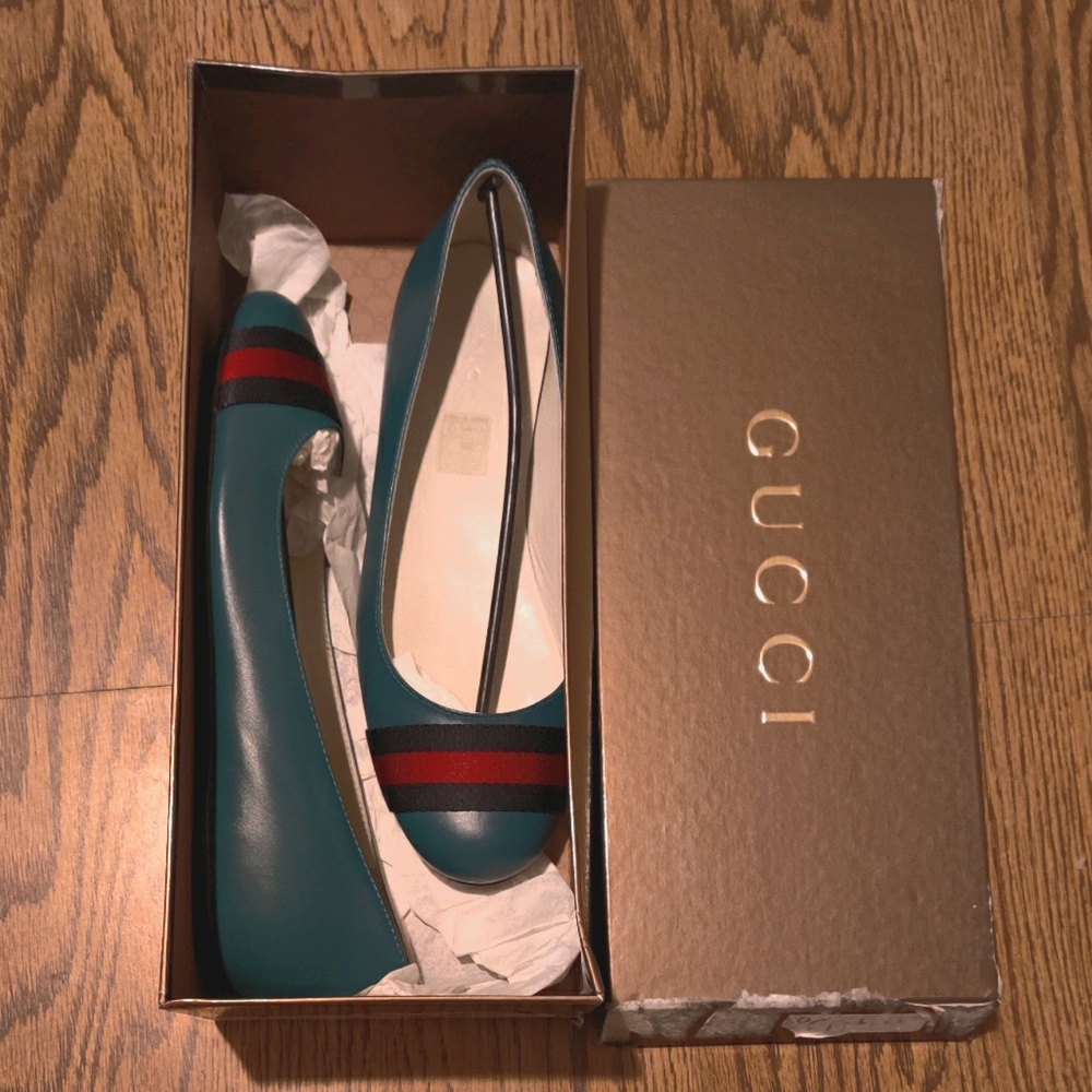 Gucci Praga Stripped Teal Leather Ballet Flats